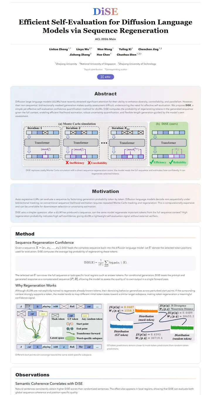 Efficient Self-Evaluation for Diffusion Language Models via Sequence Regeneration