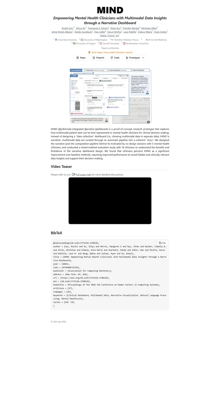 MIND: Empowering Mental Health Clinicians with Multimodal Data Insights through a Narrative Dashboard