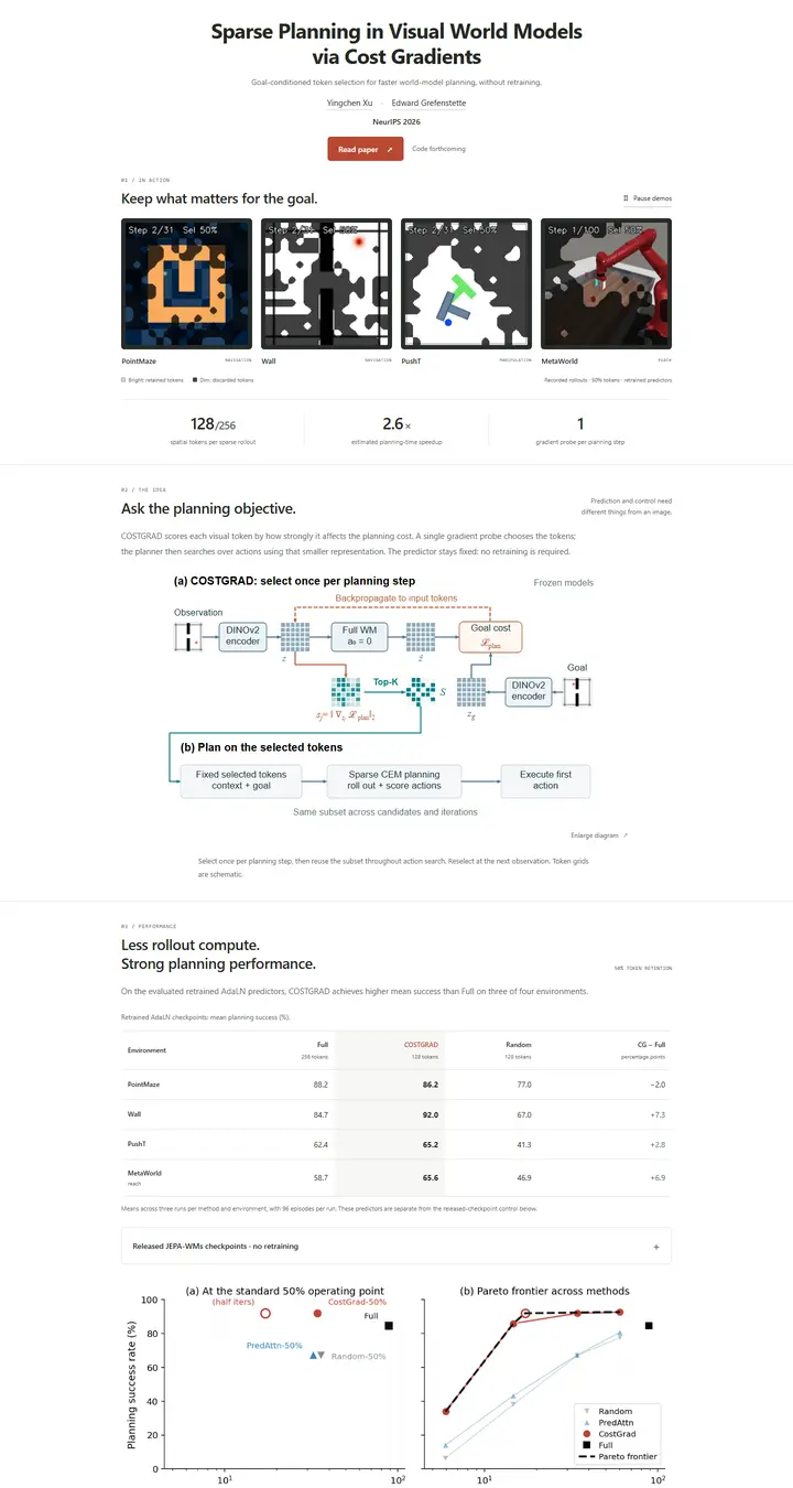 Sparse Planning in Visual World Models via Cost Gradients