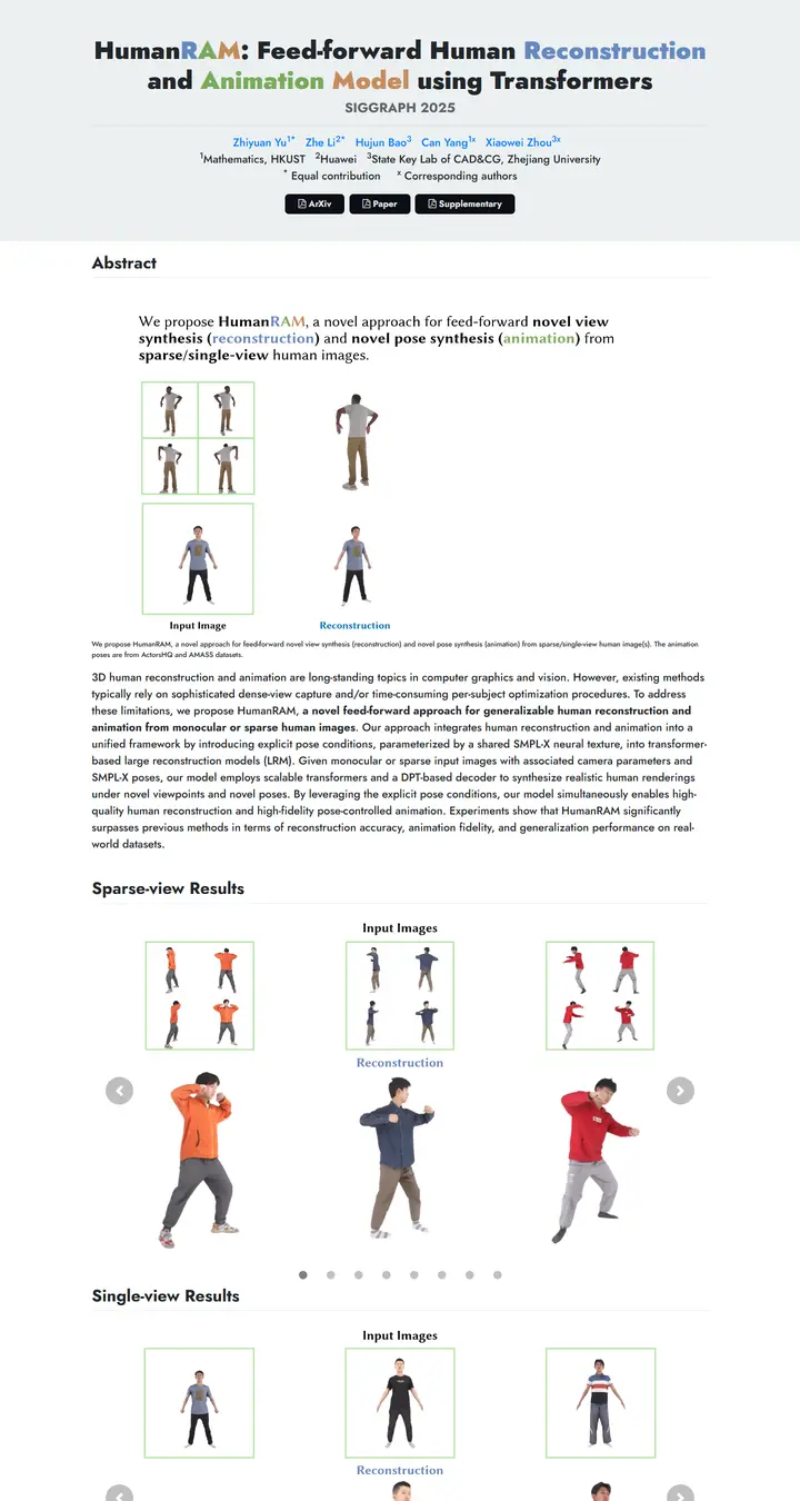 HumanRAM: Feed-forward Human Reconstruction and Animation Model using Transformers