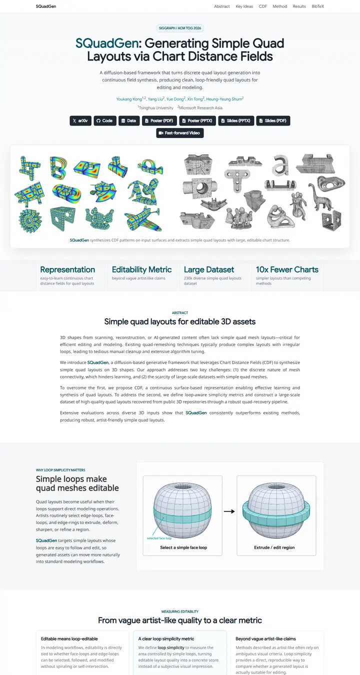 SQuadGen: Generating Simple Quad Layouts via Chart Distance Fields